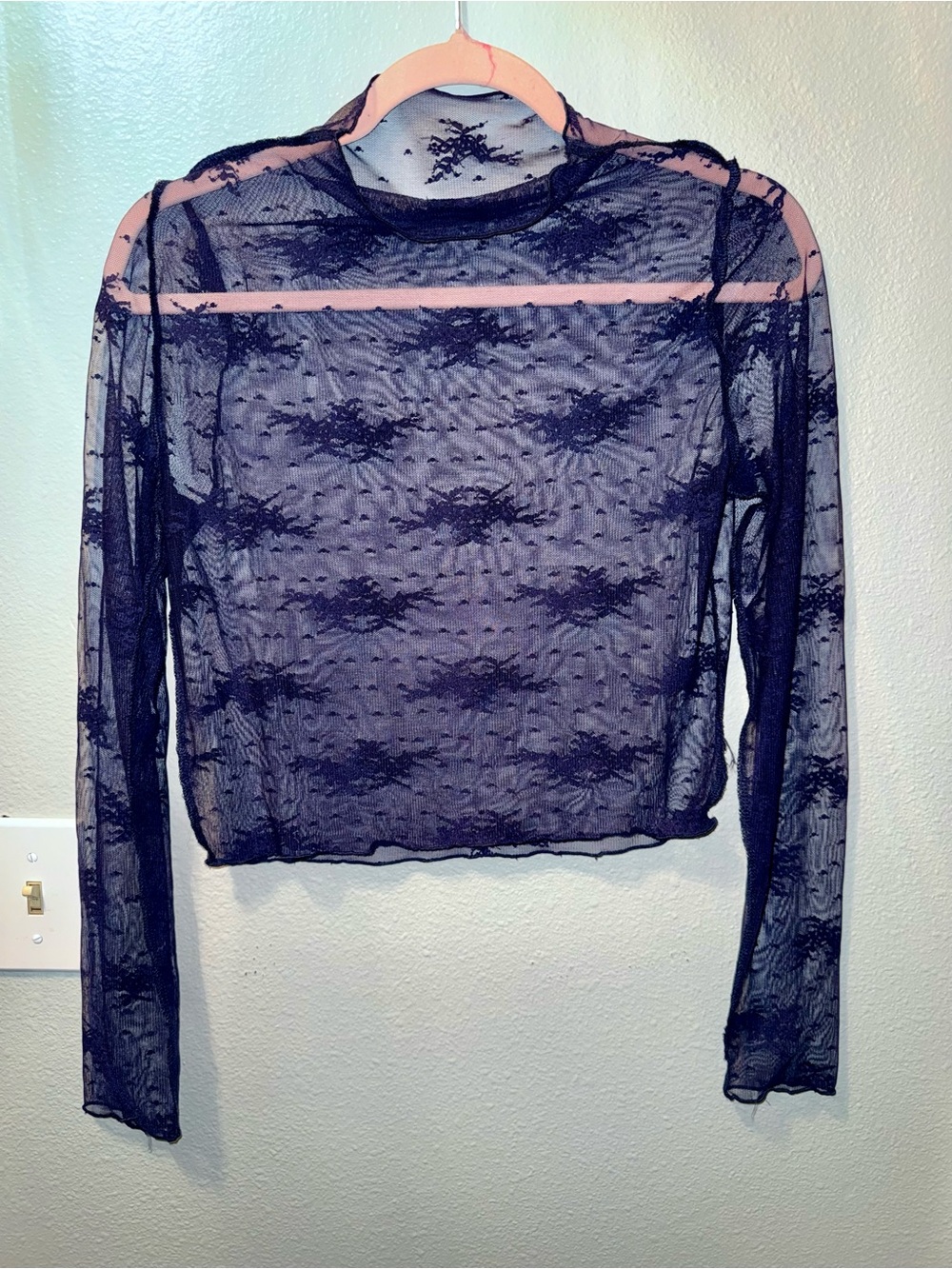 aerie Sheer Navy Blue Lace Mesh Long-Sleeve Top